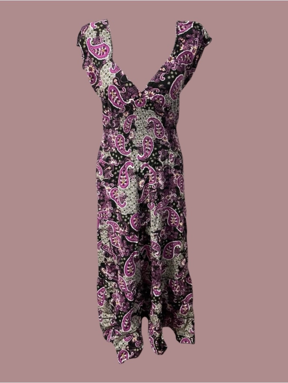 Black Purple Paisley Midi Dress Square V Neck Boho Size S